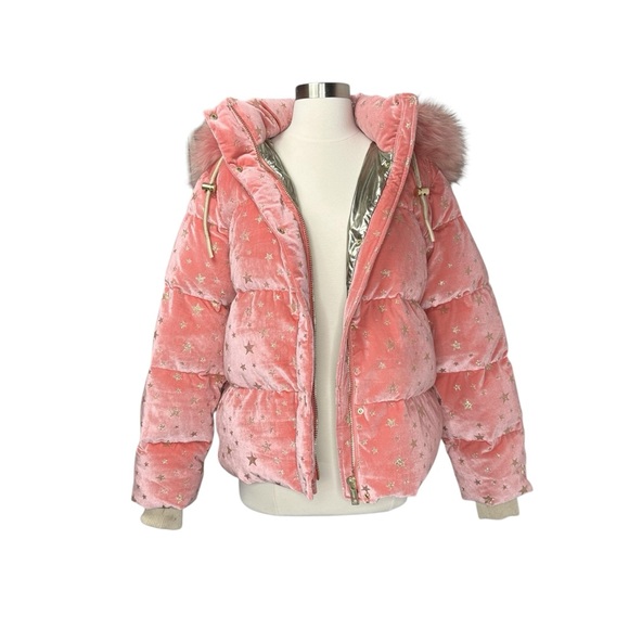 JOCELYN Eye Candy Velvet Puffer Coat | Fox Fur Gold Stars Medium Barbie Pink - Picture 4 of 15